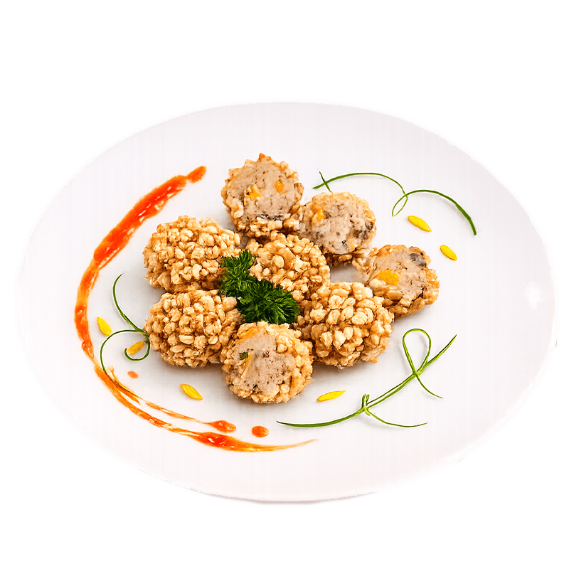 Fish cake coated in rice flakes